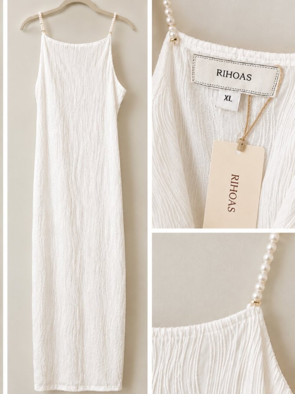 NWT Rihoas Ivory White Textured Maxi Dress with Pearl Straps – XL